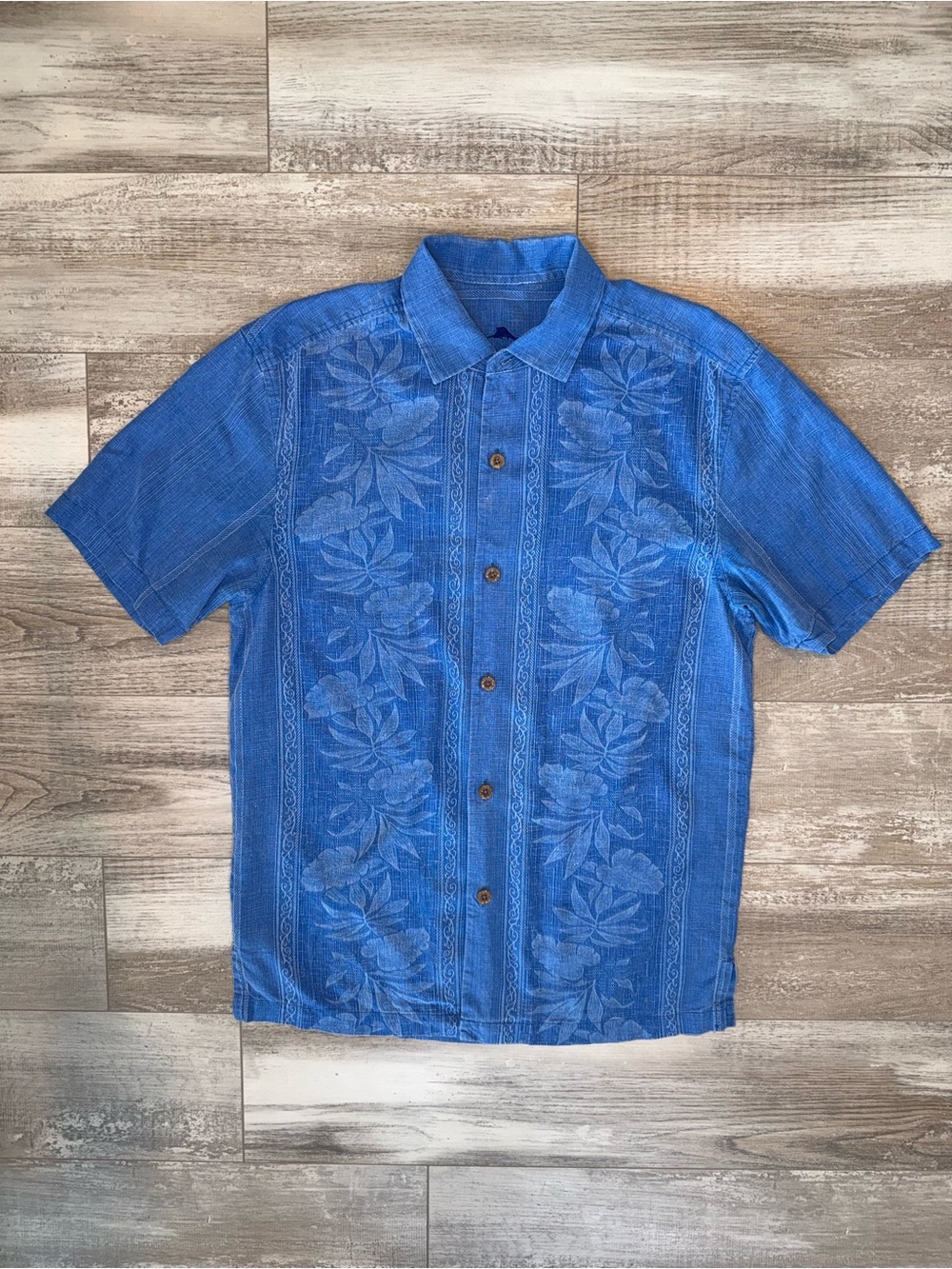 Tommy Bahama 100% Silk Blue Hawaiian Floral Jacquard Camp Shirt
